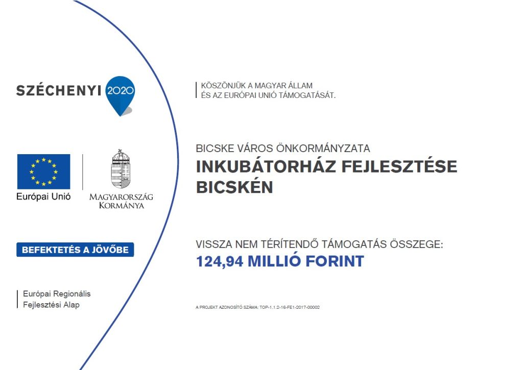 A projekt tájékoztató táblája – Inkubátorház fejlesztése Bicskén