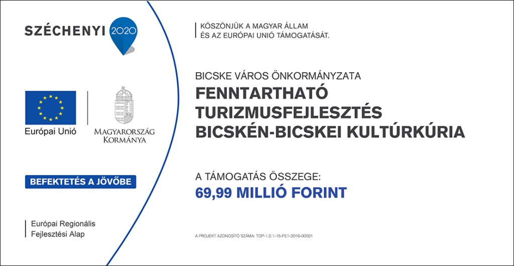 A projekt tájékoztató táblája – Fenntartható turizmusfejlesztés Bicskén – Bicskei Kultúrkúria