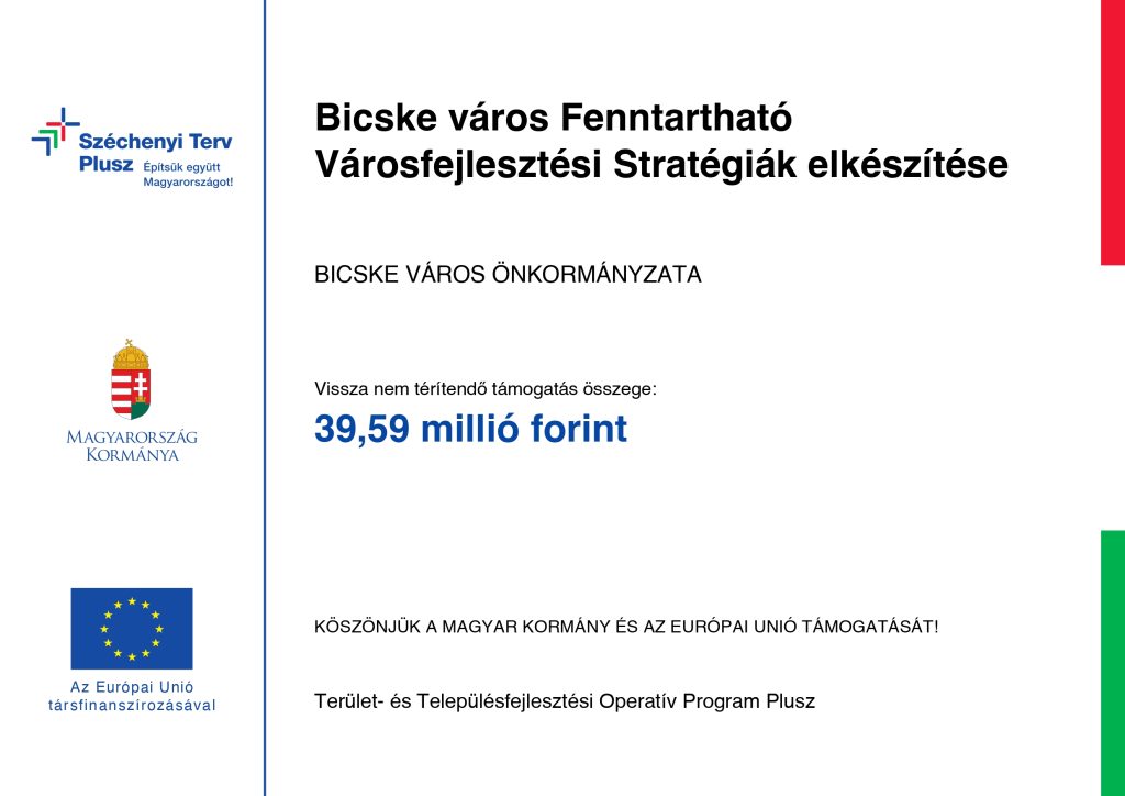 A projekt tájékoztató táblája – Bicske város Fenntartható Városfejlesztési Stratégiák elkészítése